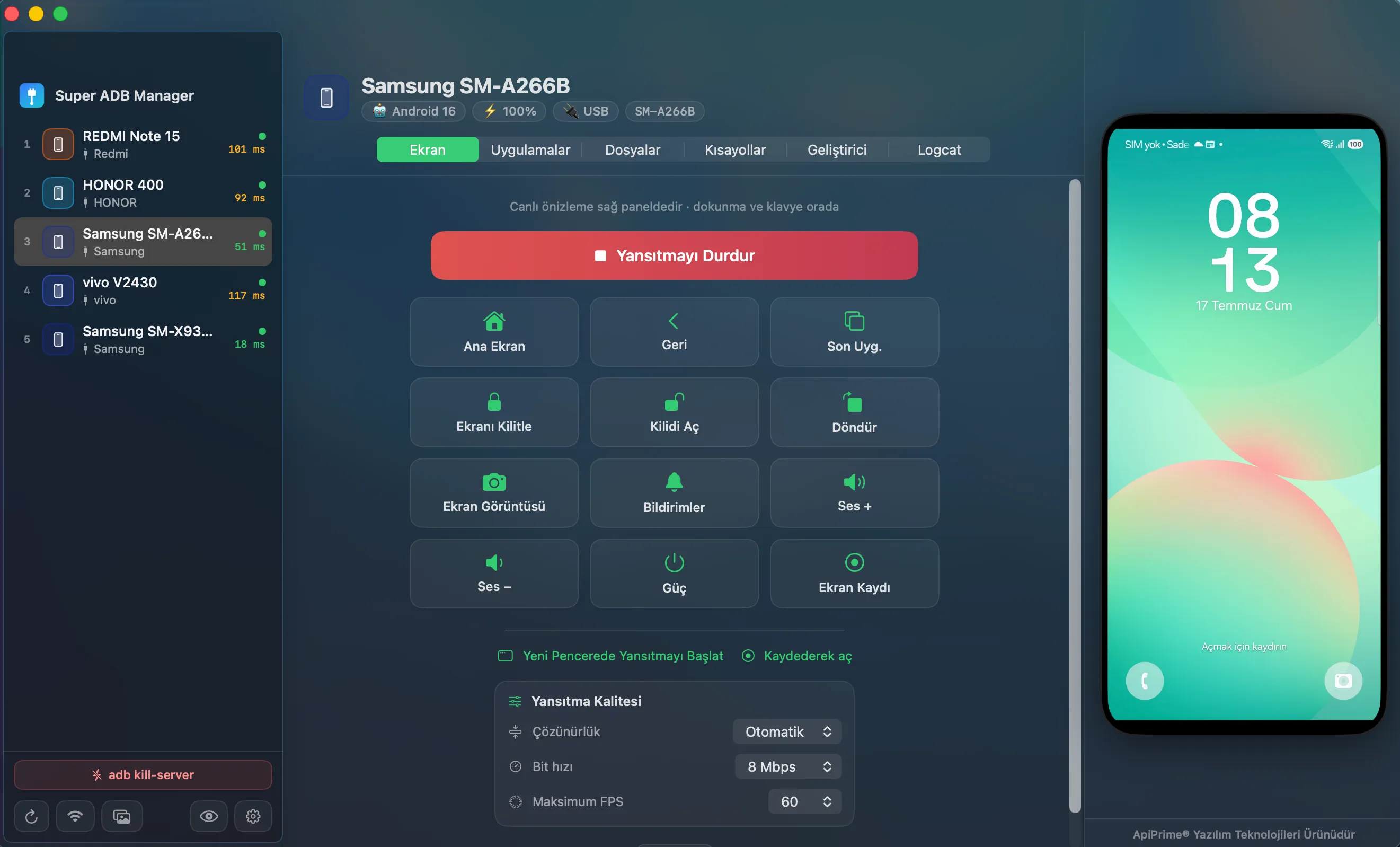 Super ADB Manager arayüzü — Mac üzerinde Android cihaz yönetimi